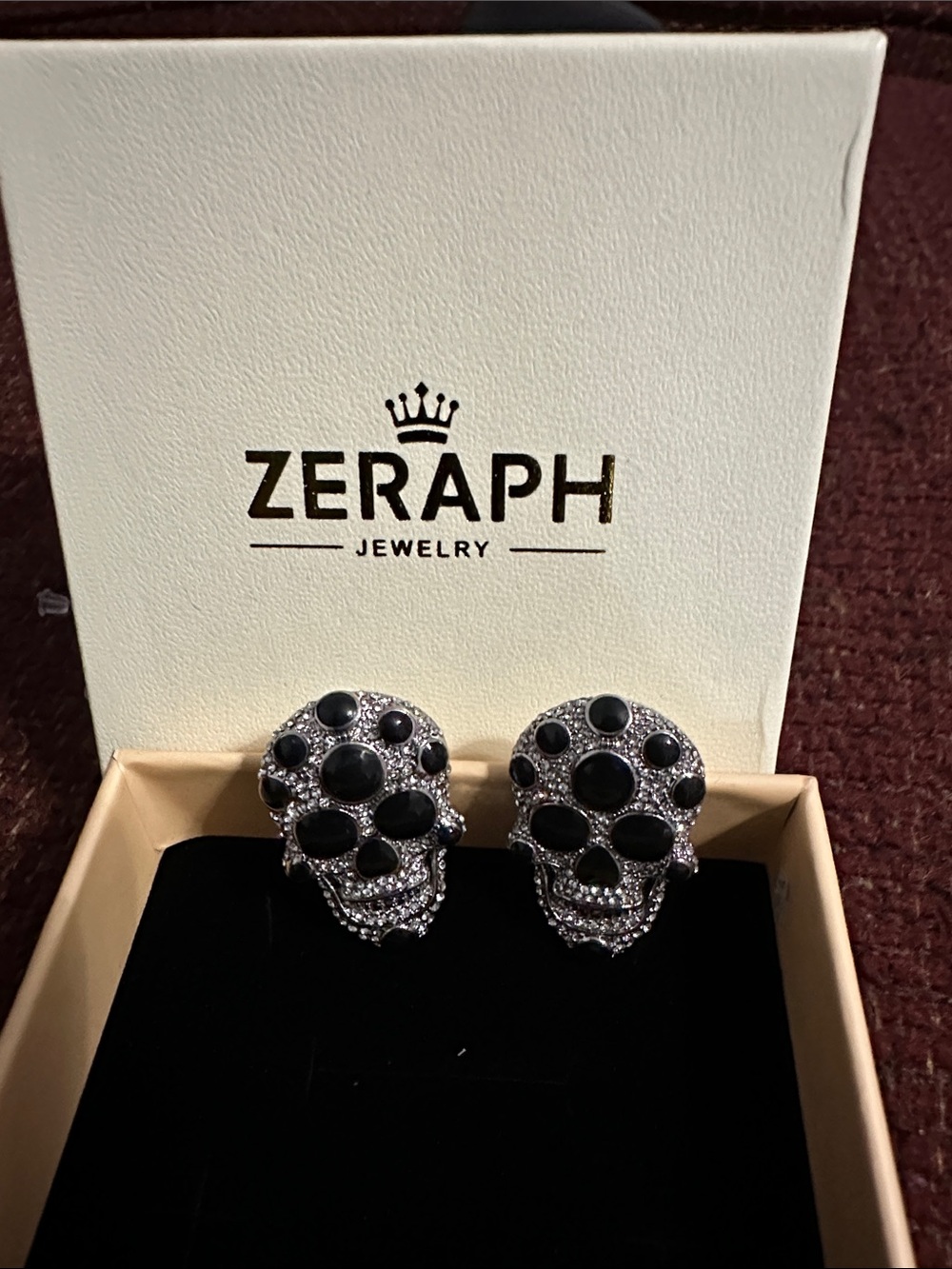 Skull Stud Earrings with Black Cabochons and Silver Crystals - Picture 2 of 3